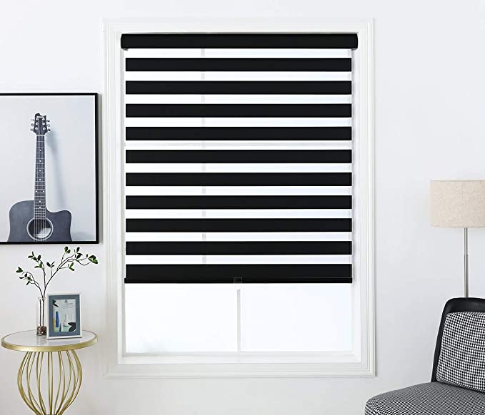 Photo 1 of Black Cordless Zebra Shades, Free-Stop Light Filtering Zebra Roller Blinds for Bedroom/Living Room/Office 
