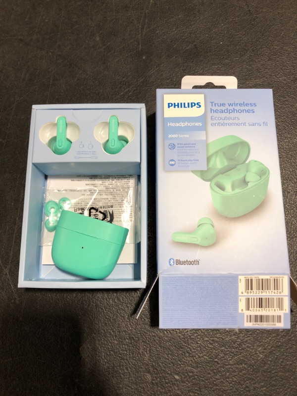 Photo 2 of Philips 2000 Series TAT2206GR/00 Headphones/headset True Wireless Stereo (TWS) in-ear Calls/Music Bluetooth Turquoise. OPEN BOX. PRIOR USE.
