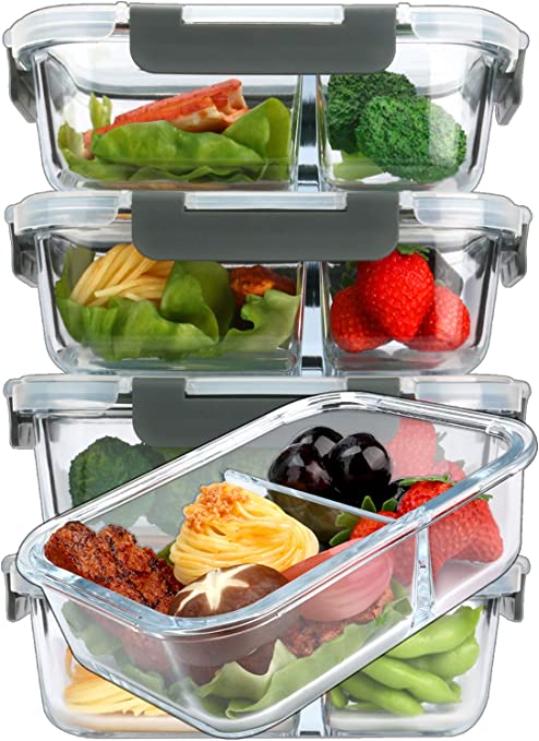 Photo 1 of [5-Pack,36 Oz]Glass Meal Prep Containers 2 Compartments Portion Control with Upgraded Snap Locking Lids Glass Food Storage Containers, Microwave, Oven, Freezer and Dishwasher (4.5 Cups). OPEN BOX. 

