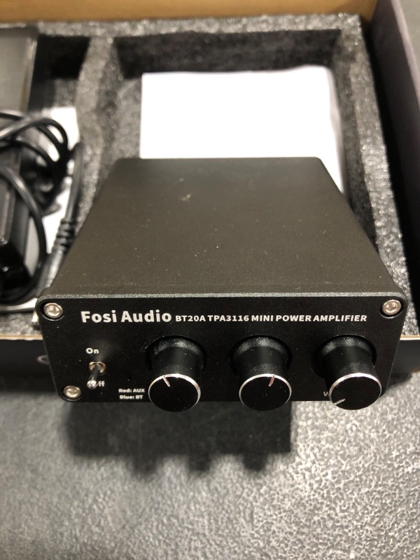 Photo 2 of Fosi Audio BT20A Bluetooth 5.0 Stereo Audio 2 Channel Amplifier Receiver Mini Hi-Fi Class D Integrated Amp 2.0 CH for Home Speakers 100W x 2 with Bass and Treble Control TPA3116 (with Power Supply). OPEN BOX. PRIOR USE. 
