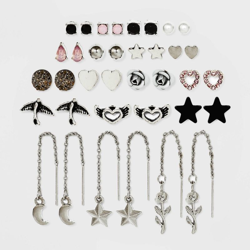 Photo 1 of Bird Star and Winged Heart with Threader Earring Set 18ct - Wild Fable Silver
