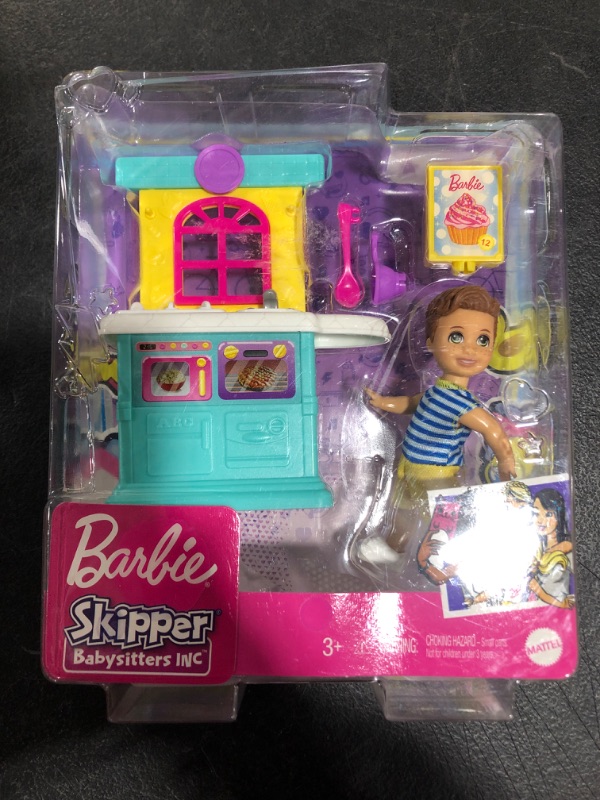 Photo 2 of Barbie Skipper Babysitters Inc. Accessories Set with Small Toddler Doll & Kitchen Playset Plus Dessert Mix Box Bowl & Spoon Gift for 3 to 7 Year Ol
