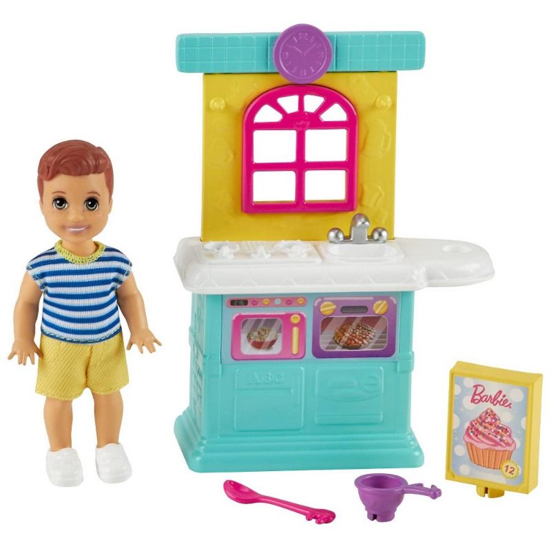 Photo 1 of Barbie Skipper Babysitters Inc. Accessories Set with Small Toddler Doll & Kitchen Playset Plus Dessert Mix Box Bowl & Spoon Gift for 3 to 7 Year Ol
