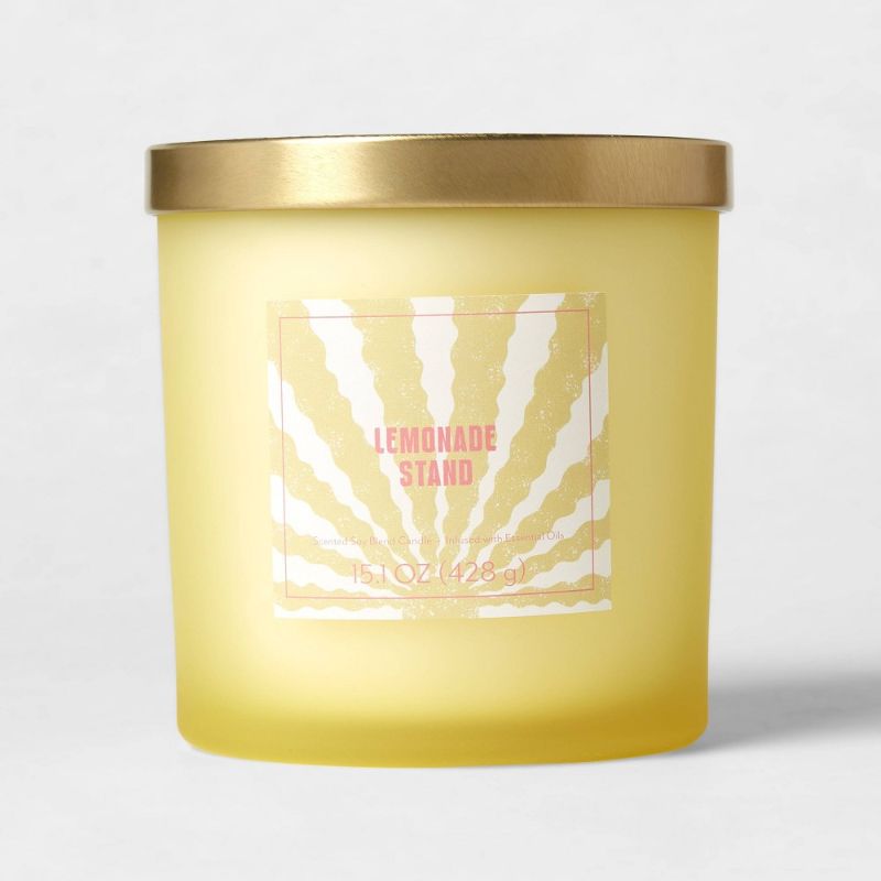 Photo 1 of 15oz Lidded Glass Jar 3-Wick Candle Sunshine Graphic Label Lemonade Stand Yellow - Opalhouse™
