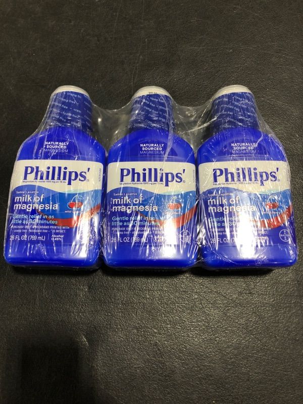 Photo 3 of 3-PACK Phillips' Milk of Magnesia Liquid Laxative, Wild Cherry, 26 oz, Cramp Free & Gentle Overnight Relief Of Occasional Constipation, #1 Milk of Magnesia Brand (Packaging May Vary). EXP. 05/2025
