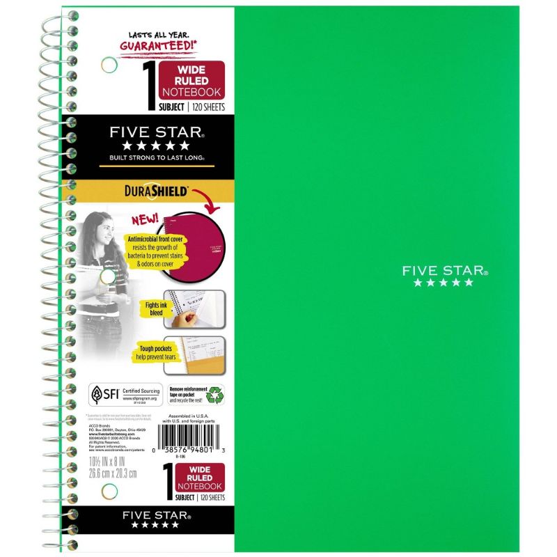 Photo 1 of BOX OF 12 Spiral Notebook 1 Subject Wide Ruled Anti-Microbial - Five Star. COLORS WILL VARY. PHOTOS FOR REFERENCE. 
