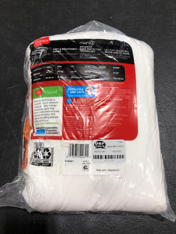 Photo 3 of Hanes Mens' White Crew Neck T-Shirt, 6 + 1 Bonus Pack. SIZE LARGE 42-44. OPEN PACKAGE. 
