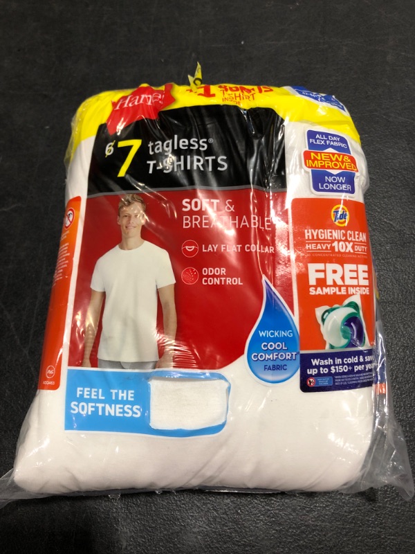 Photo 2 of Hanes Mens' White Crew Neck T-Shirt, 6 + 1 Bonus Pack. SIZE LARGE 42-44. OPEN PACKAGE. 
