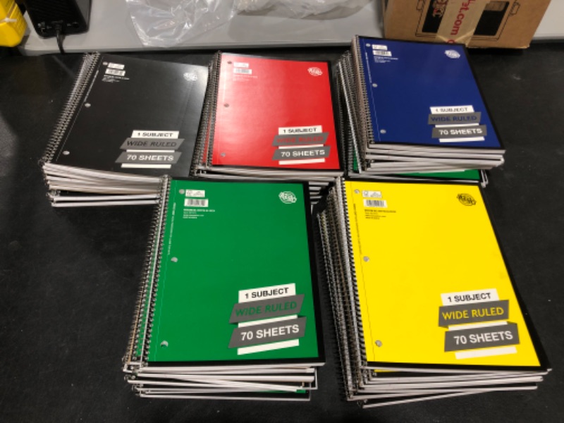 Photo 2 of LOT OF 50 - 1 SUBJECT WIDE RULED SPIRAL NOTEBOOKS. VARIOUS COLORS. 