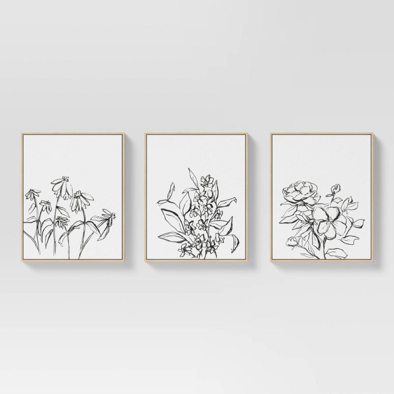 Photo 1 of (Set of 3) 16" x 20" Inky Floral Framed Canvases - Threshold 

