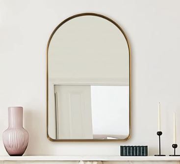 Photo 1 of  Arched Mirror, 20" x 30" Gold Bathroom Mirror in Stainless Steel Metal Frame, Arch Top Rounded Corner 1" Deep Set Design Wall Mount Hangs Vertical
