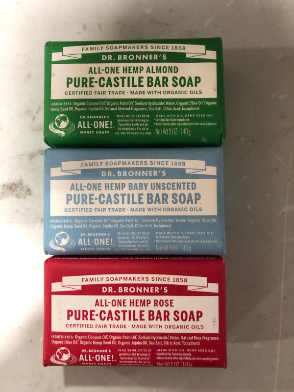 Photo 2 of [3 Pack] All-One Hemp Pure-Castile Soap Bar Almond, Unscented and Rose