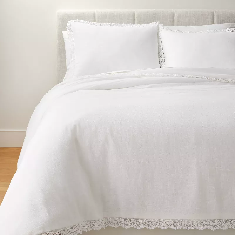 Photo 1 of [Full/Queen] Lace Border Cotton Slub Duvet & Sham Set - Threshold™ designed with Studio McGee [White]