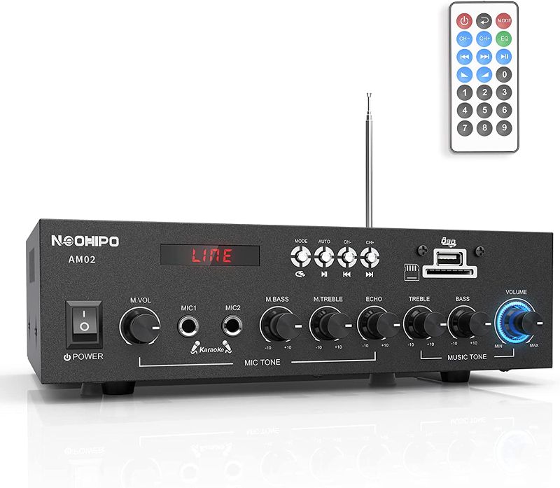 Photo 1 of NEOHIPO AM02 300W Bluetooth 5.0 Class AB Stereo Power Amplifier 2.0CH Audio Receiver Amp for Home Theater Entertainment Studio Use with Wireless/RCA/USB/SD Card/Karaoke Input
