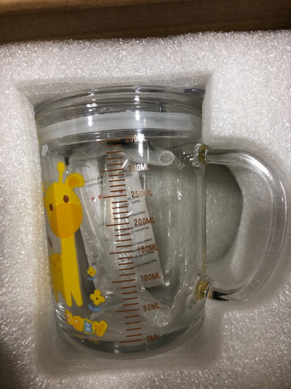 Photo 1 of 410ml Glass Coffee Mug with Straw and Lid Cartoon Creative Children's Scale Cup Milk Juice Glass Water Bottle Drinkware Gift Set
