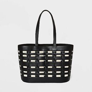 Photo 1 of Basket Weave Woven Tote Handbag - A New Day BLACK