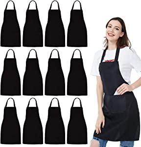 Photo 1 of 11 Pack Bib Apron - Unisex Black Apron Bulk with 2 Roomy Pockets Machine Washable for Kitchen Crafting BBQ Drawing
