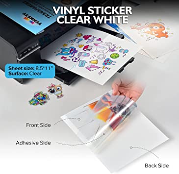 Photo 1 of (20 Sheets) Clear Sticker Paper for Inkjet Printer Transparent 8.5 x 11 Vinyl - Printable Sheets Clear Stickers Paper for Circut -Labels-Weatherproof Self Adhesive-Personalized Stickers
