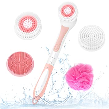 Photo 1 of  Electric Bath Brush Set, Waterproof Electric Body Scrubber Silicone Body Brush with 4 Spin Brush Heads, Shower Brush Bath Scrubber Exfoliating, Back Brush Long Handle for Shower Women Men