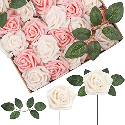 Photo 1 of 40pcs Artificial Flowers Roses Real Touch Fake Roses for DIY Wedding Bouquets Bridal Shower Party Home Decorations (Ivory&Pink)
