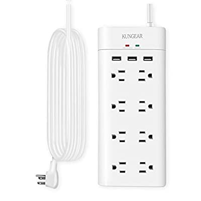 Photo 1 of 12FT Extra Long Cord Power Strip, 8 Outlet Surge Protector with 3 USB Ports for Home, Office, Dormitory, 45 Degree Low Profile Flat Plug, 15A Circuit Breaker, 1050J Surge Protection, Wall Mount, White