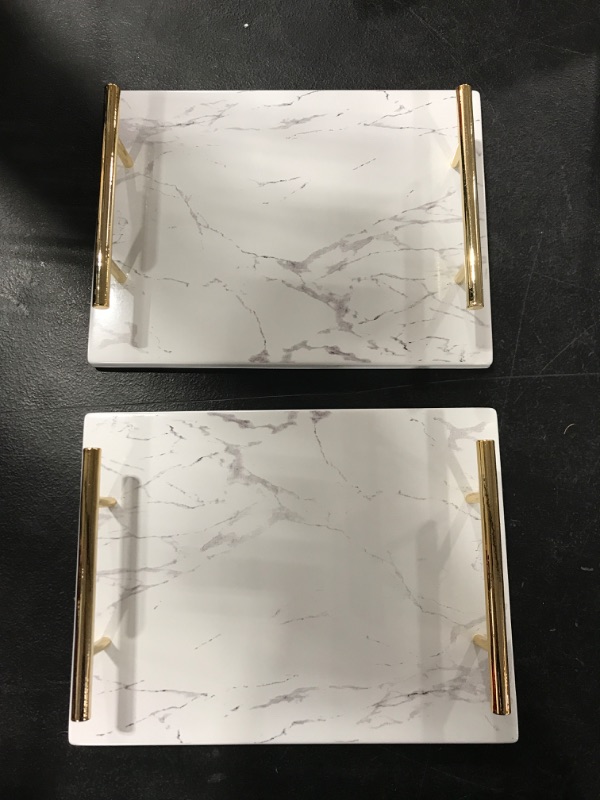 Photo 1 of [2 Pack] Gold Handle & White Faux Printed Marble Metal Decorative Table Tray 10" x 7.5"
