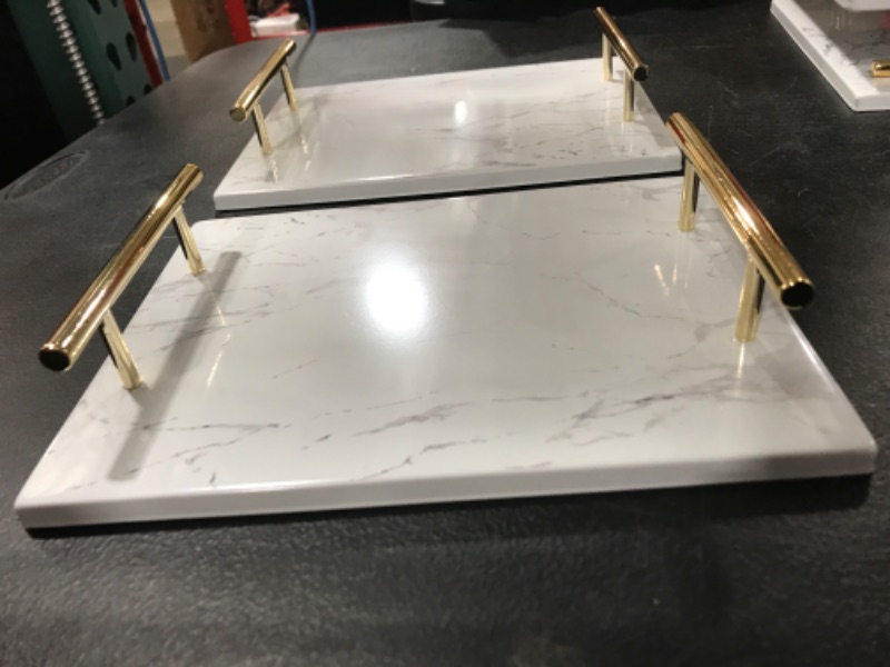 Photo 2 of [2 Pack] Gold Handle & White Faux Printed Marble Metal Decorative Table Tray 10" x 7.5"
