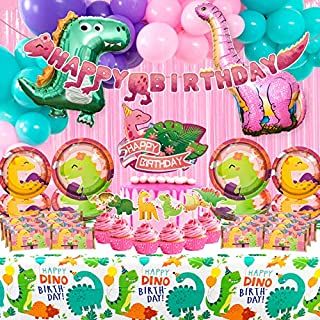 Photo 1 of 156 Pcs Dinosaur Party Supplies,Dino Birthday Party Decorations Set for Girls include Dinosaurs Balloons Set,Happy Birthday Banner,Plates,Utensils,Tablecloth,Cake Toppers,Chocolate Stickers,Pink Foil Curtain,Perfect For Your Kid's Party (B09N34RYKP)
