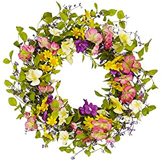 Photo 1 of 18 Inch Spring Summer Wreath for Front Door Artificial Floral Door Wreath with Vibrant Silk Flowers and Green Leaves for Home Farmhouse Holiday Decor (B08Q36JWC7)
