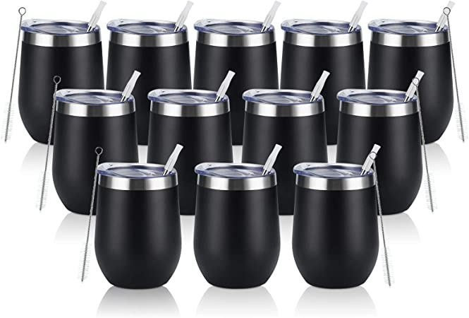 Photo 1 of 12 Pack Stainless Steel Wine Tumblers, 12Oz Double Wall Vacuum Insulated Wine Tumblers with Lids and Straws, Stainless Steel Stemless Wine Glasses for Coffee, Wine, Cocktails, Champaign, Black