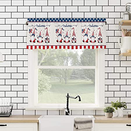 Photo 1 of 4th of July Kitchen Curtains Independence Day Valances for Windows 54x18 Inch Farmhouse Curtains Valances, Strip and Star American Flag Gnomes Rod Pocket Window Treatments Drapes for Bedroom Bathroom