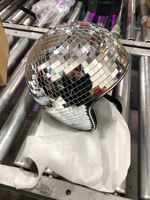 Photo 2 of Disco Ball Helmet with Retractable Visor- Disco Helmet Glitter Mirror Glass Disco Ball Hat for DJ Club Stage Bar Party Wedding Holiday (Silver)