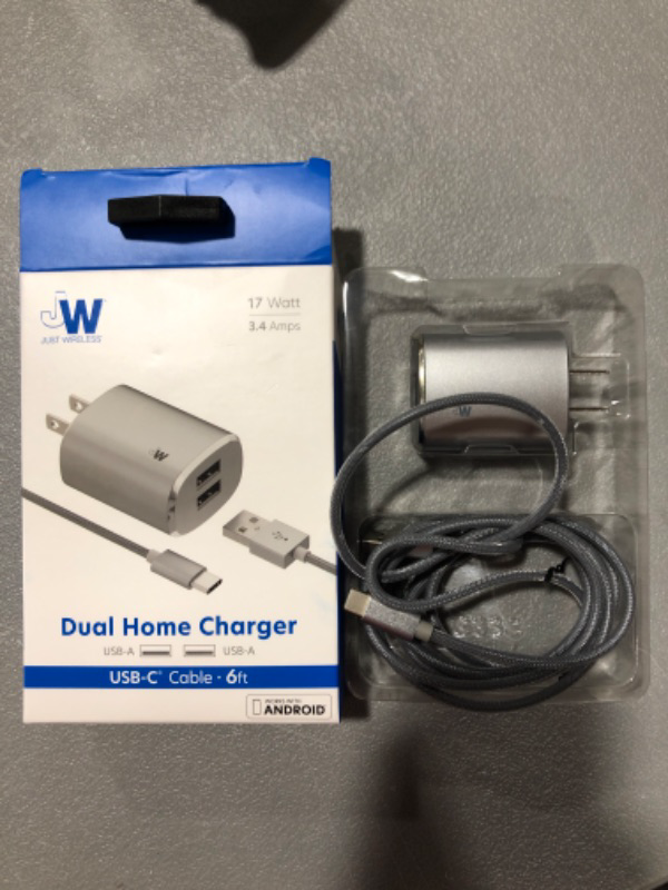 Photo 2 of Just Wireless 3.4A/17W 2-Port USB-C/USB-A Home Charger with 6ft Mesh Type-C to USB-A Cable - Gray