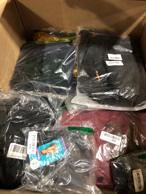 Photo 1 of Clothing box lot. Misc. clothing items in various sizes for men, women, and kids.