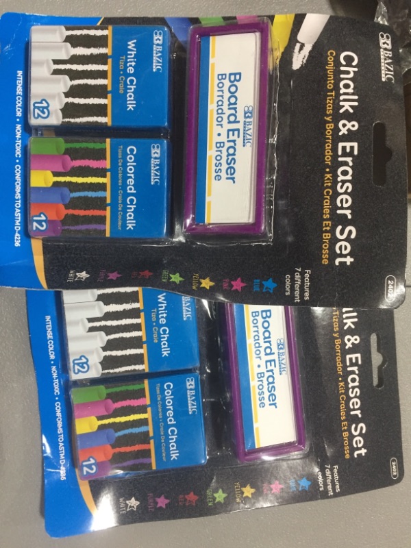 Photo 2 of 2 PACK OF BAZIC Colored (12 Pcs) + White (12 Pcs) Chalk + Premium Chalkboard Eraser Bundle