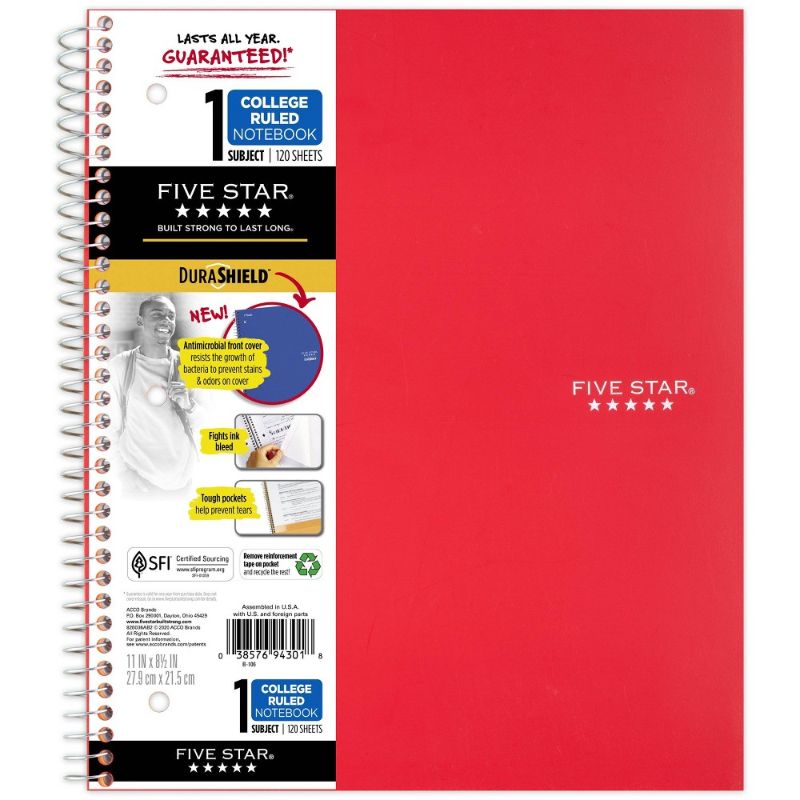 Photo 2 of 3 Spiral Notebooks 1 Subject College Ruled Anti-Microbial Red - Five Star
