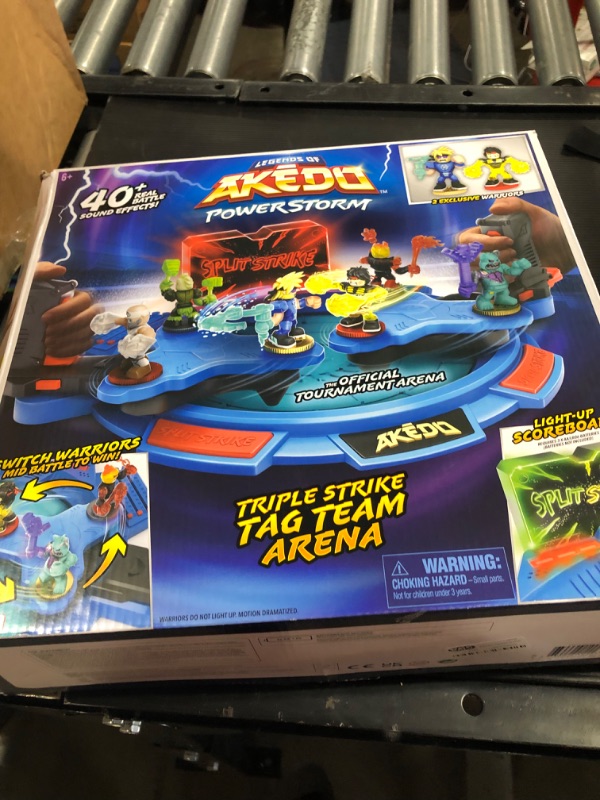 Photo 1 of Akedo Powerstorm Triple Strike Tag Team Arena with 40+ Battle Sound Effects Light up Scoreboard and 2 Battling Warriors Exclusive to the Playset Boy
