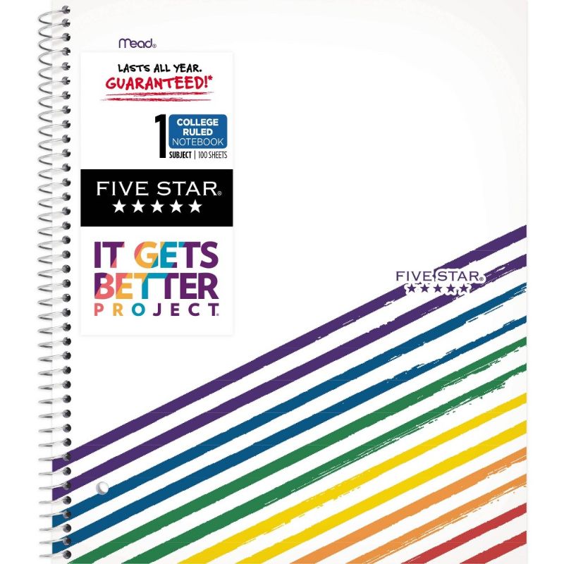 Photo 1 of Five Star and It Gets Better Project College Ruled 1 Subject Spiral Notebook Plus Study App Linear Rainbow - 4 total
