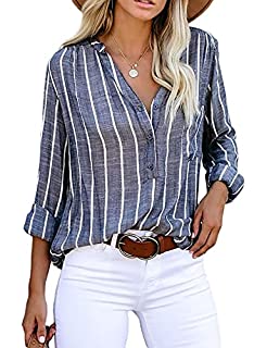Photo 1 of Astylish Womens Striped Button Down Henley Shirts Oversized Blouses Summer Clothes for Teen Girls Blue Large (B093KMG956)
