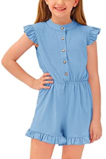 Photo 1 of BesserBay Pretty Solid Blue Jumpsuit Button Down Casual Flutter-Sleeve Elastic Romper for Big Girl 11-12 Years (B09PCZDHRX)
