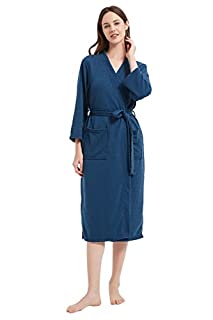 Photo 1 of Commollis Womens Lightweight Waffle Robe Soft House Bathrobes for Ladies Thin Bath Robes Female with Pockets, 3/4 Sleeves and Inside Tie (Navy, L) (B09G6526YT)
