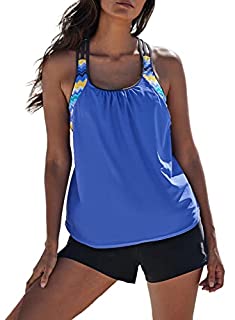 Photo 1 of Aleumdr Women Striped Blouson Swimwear T-Back Tankini Top with Shorts Blue Large 12 14 (B07LGY6Y64)
