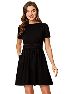 Photo 1 of Allegra K Women's Casual Crew Neck Contrast Smocked Waist Flare Short Dress w Pockets X-Small Black (B09Q58W244)
