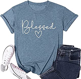 Photo 1 of Blessed T-Shirt for Women Cute Simple Sayings Heart Graphic Letter Print Shirts Casual Short Sleeve Thankful Tee Tops-Blue XL (B09HGQ8FLH)
