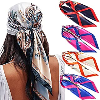 Photo 1 of AWAYTR Satin Large Square Head Scarves - 4PCS Silk Like Neck Scarf Hair Sleeping Wraps Lightweight Satin Silk Scarfs for Women (Feather patterns) (B08HCJPR9L)
