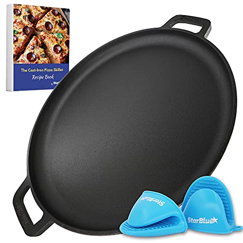 Photo 1 of 16 Inch Cast Iron Pizza Pan Round Griddle by StarBlue with FREE Silicone Handles and 30 Recipes Ebook– Pre-Seasoned Comal