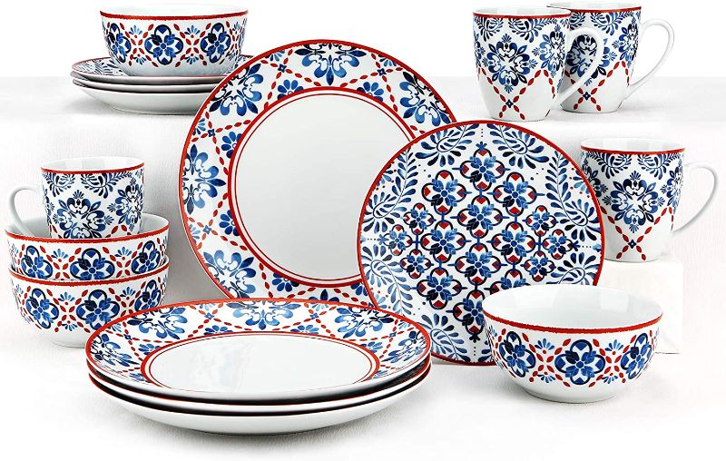 Photo 1 of ZYAN 16 Piece Round Dinnerware Sets, Blue and Red Farmhouse Stoneware Dish Sets, Dishwasher Safe Plates and Bowls Sets for 4
