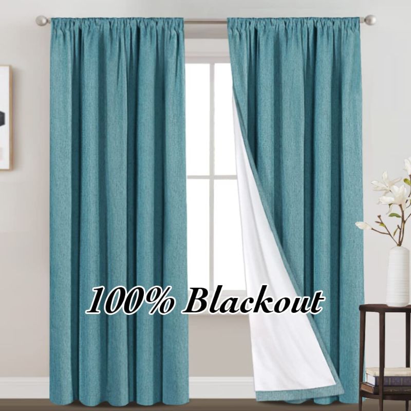 Photo 1 of 100% Blackout Curtains Primitive Linen Textured Curtain Drapes for Bedroom Full Light Blocking Window Curtains Draperies for Living Burlap Fabric Soft with White Liner (52 x 84 Inch, Teal)
