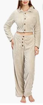 Photo 1 of Womens 2 Piece Fuzzy Fleece Outfits Pajamas, Winter Warm Sherpa Sleepwear Button Down Crop Top and Pants Lounge Set-L
