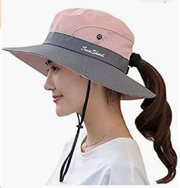 Photo 1 of Women's Outdoor UV-Protection-Foldable Sun-Hats Mesh Wide-Brim Beach Fishing Hat with Ponytail-Hole
